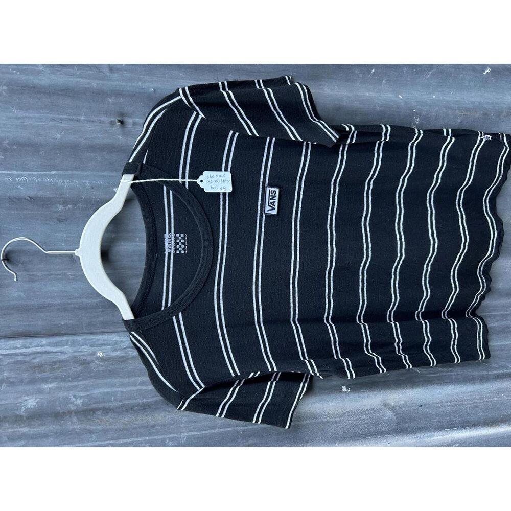Vans Black and White Striped Women's T-Shirt Medium